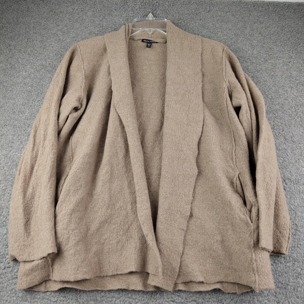 Eileen Fisher Wool Cardigan Sz Large Open Front Shawl Collar Tan